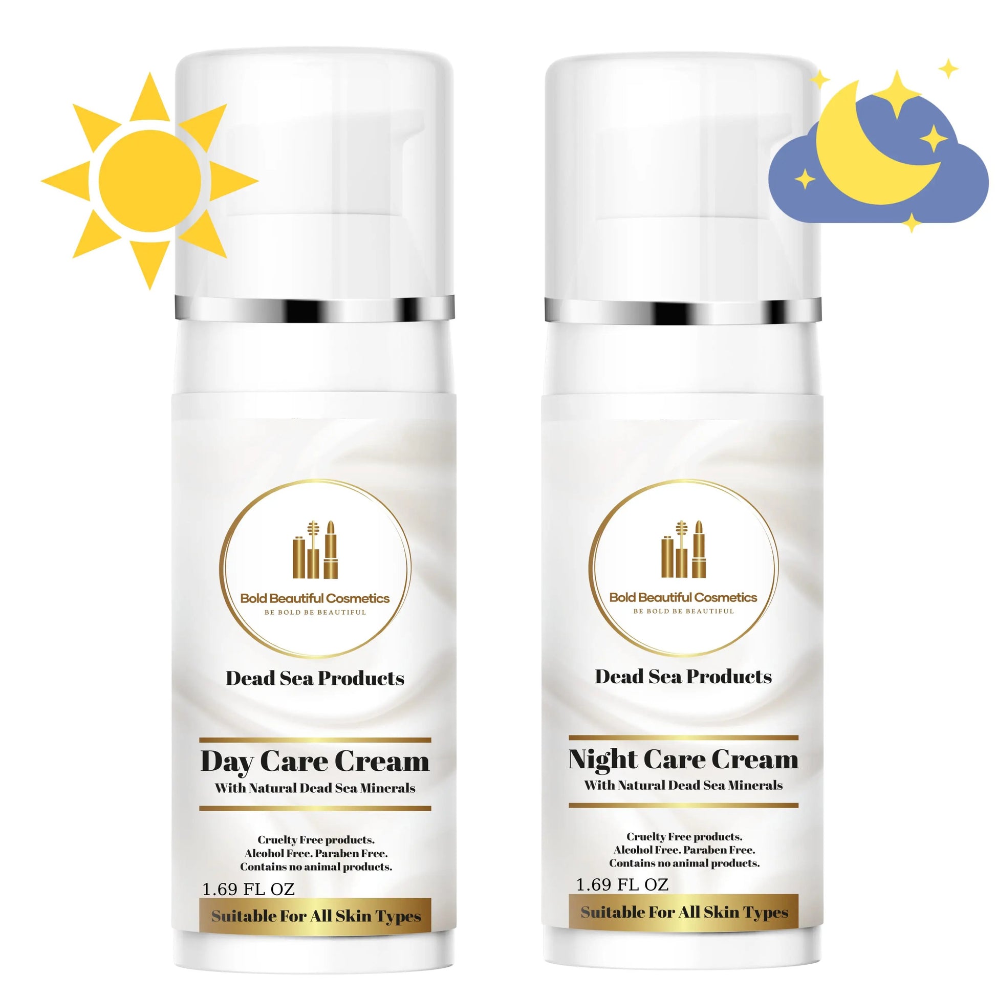 Day and Night Face Moisturizer Kit with Dead Sea Minerals featuring Bold Beautiful Cosmetics day and night creams, ideal  skincare. Gift for her.