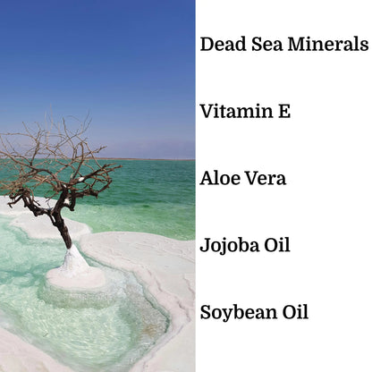 Dead Sea landscape promoting Day and Night Face Moisturizer Kit with Dead Sea Minerals, enriched with Vitamin E, Aloe Vera, Jojoba, and Soybean oils. Gift for her.