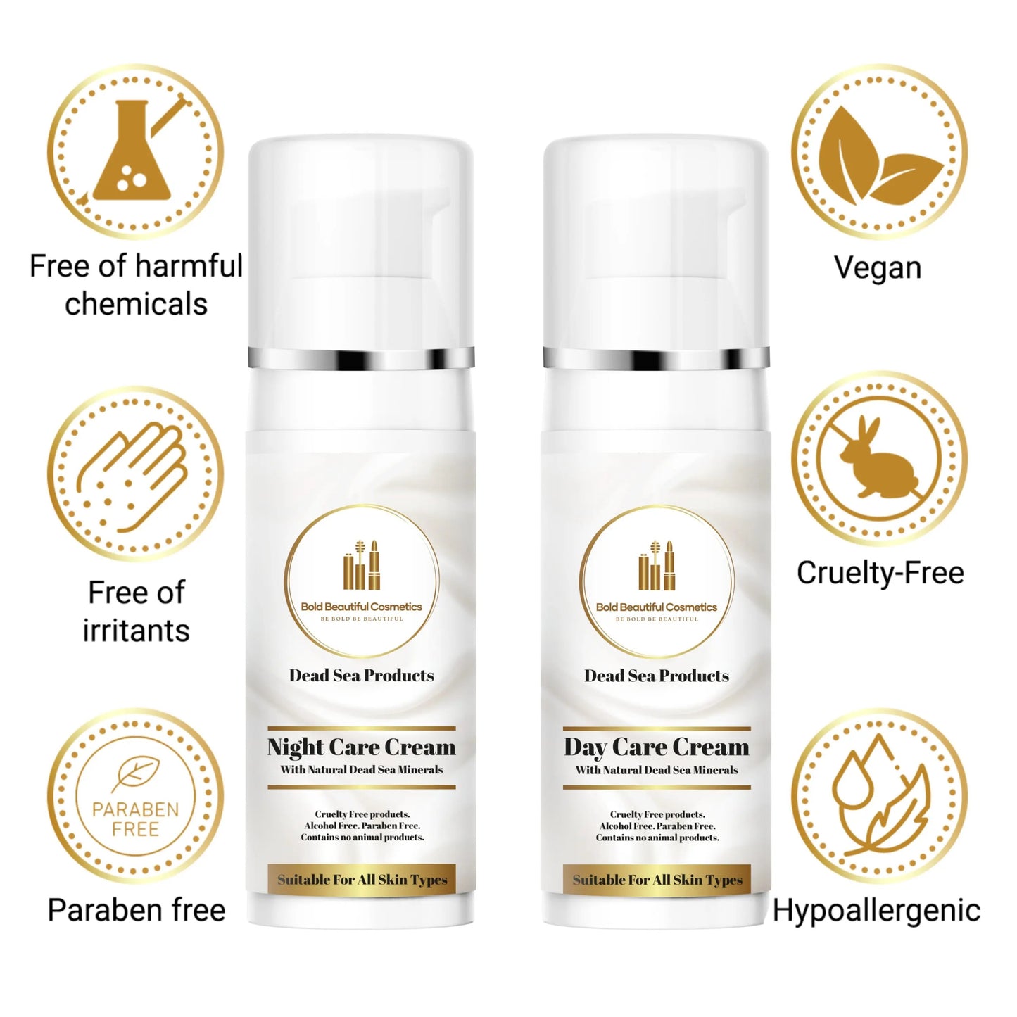 Day and Night Face Moisturizer Kit with Dead Sea Minerals by Bold Beautiful Cosmetics, vegan, cruelty-free, hypoallergenic, and paraben-free skincare. Gift for her.