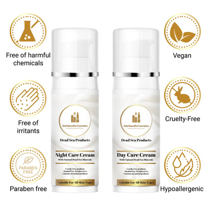 Day and Night Face Moisturizer Kit with Dead Sea Minerals by Bold Beautiful Cosmetics, vegan, cruelty-free, hypoallergenic, and paraben-free skincare. Gift for her.
