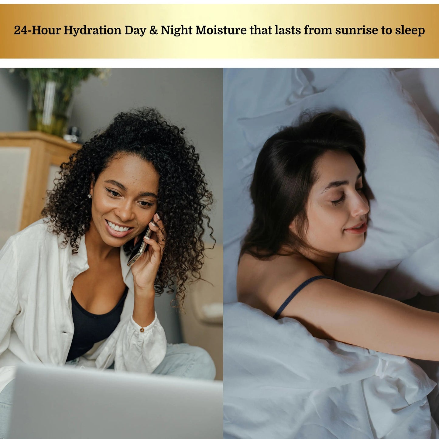 Women showing 24-hour hydration benefits of Day and Night Face Moisturizer Kit with Dead Sea Minerals, maintaining moisture from sunrise to sleep. Gift for her.