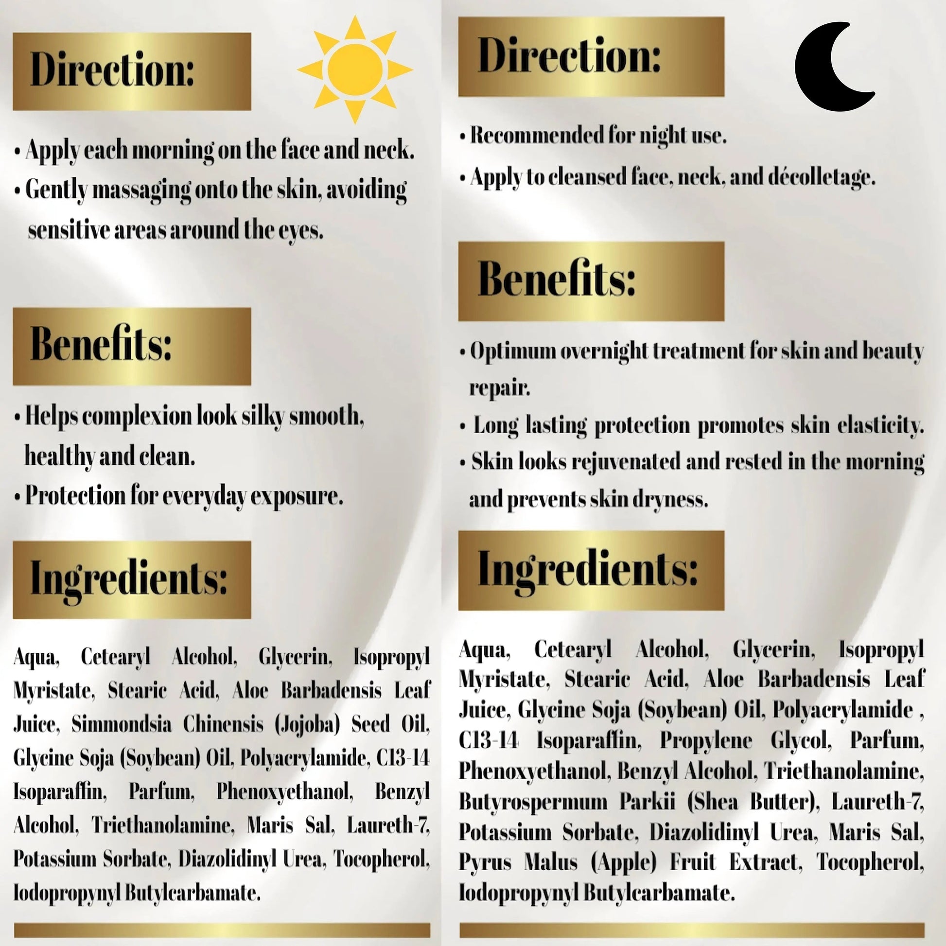Detailed directions, benefits, and ingredients list for Day and Night Face Moisturizer Kit with Dead Sea Minerals, promoting healthy, radiant skin. Gift for her.