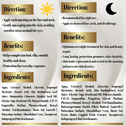 Detailed directions, benefits, and ingredients list for Day and Night Face Moisturizer Kit with Dead Sea Minerals, promoting healthy, radiant skin. Gift for her.