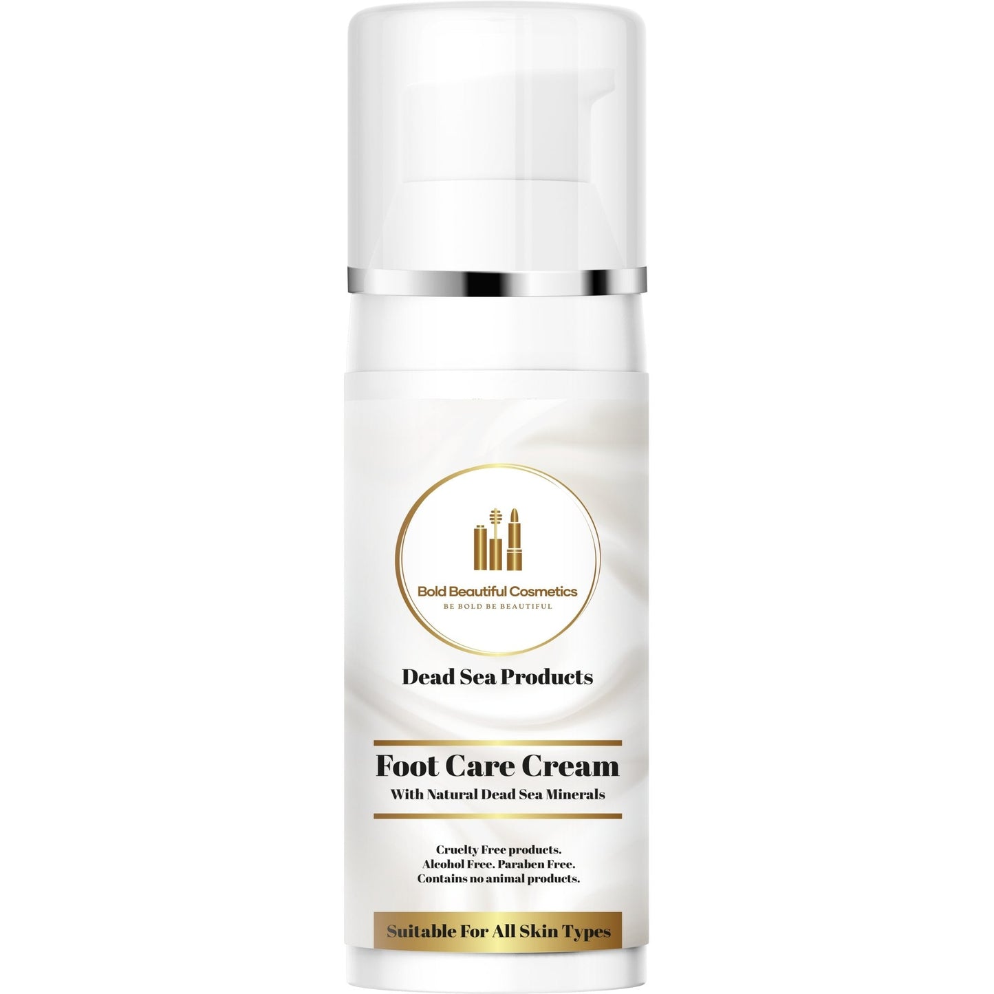 Dead Sea Minerals Foot Care Cream by Bold Beautiful Cosmetics in a sleek white pump bottle. Suitable for all skin types, enriched with natural ingredients.