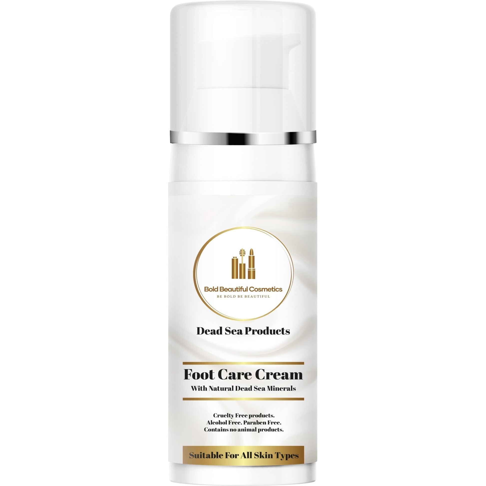 Dead Sea Minerals Foot Care Cream by Bold Beautiful Cosmetics in a sleek white pump bottle. Suitable for all skin types, enriched with natural ingredients.